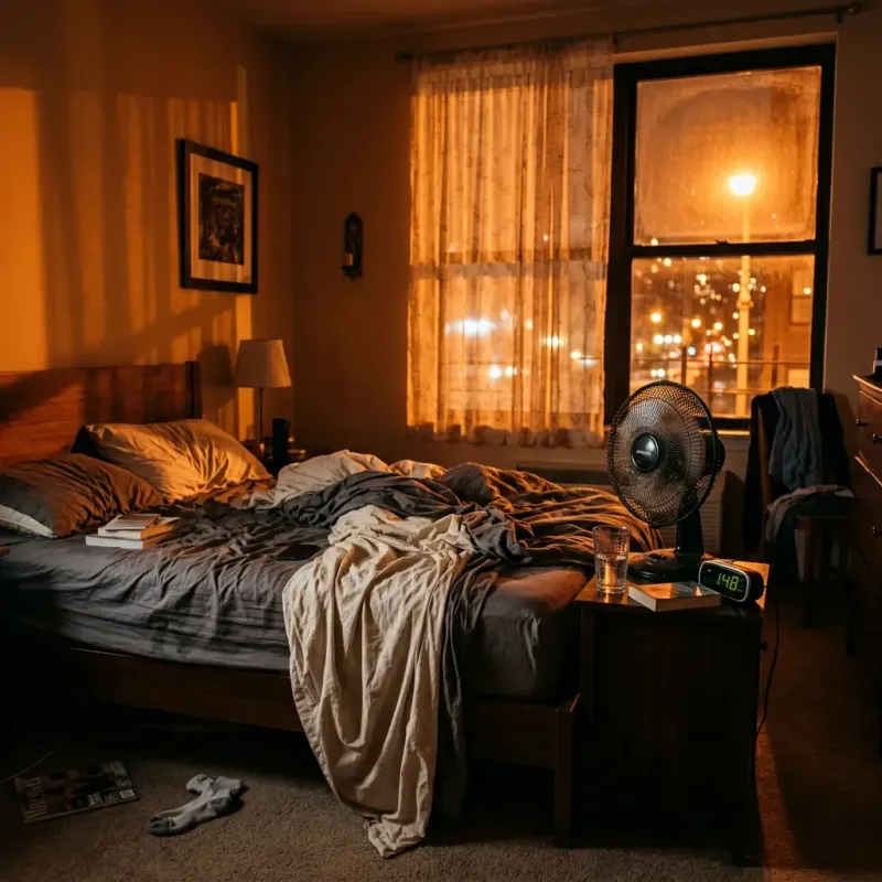 Bedroom at night used for sleep comfort and humidity checks