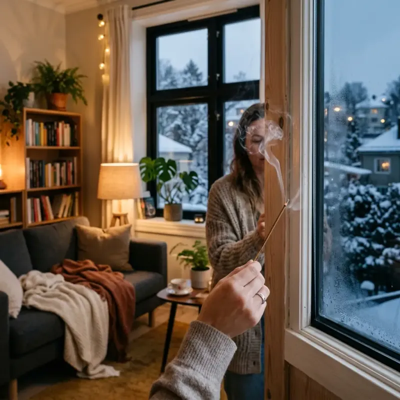 Person checking a window edge for drafts on a cold evening