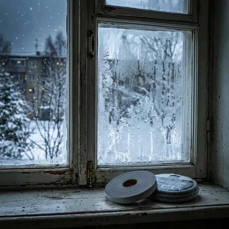Drafty window with winter condensation and cold glass