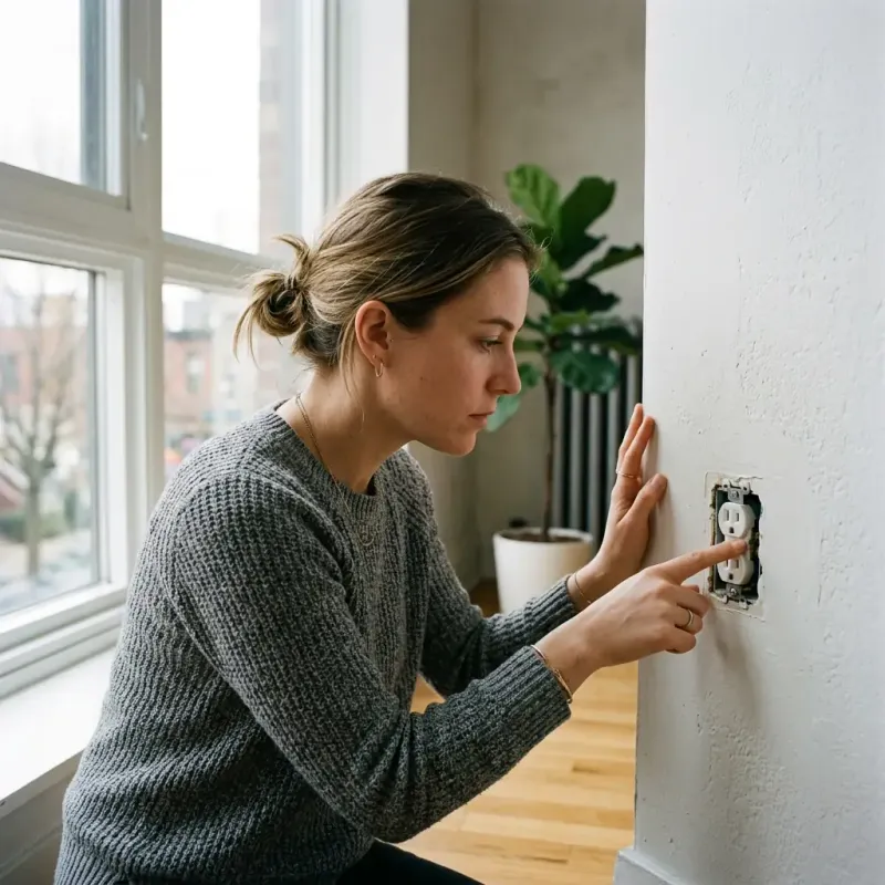 Person checking window trim for possible draft locations