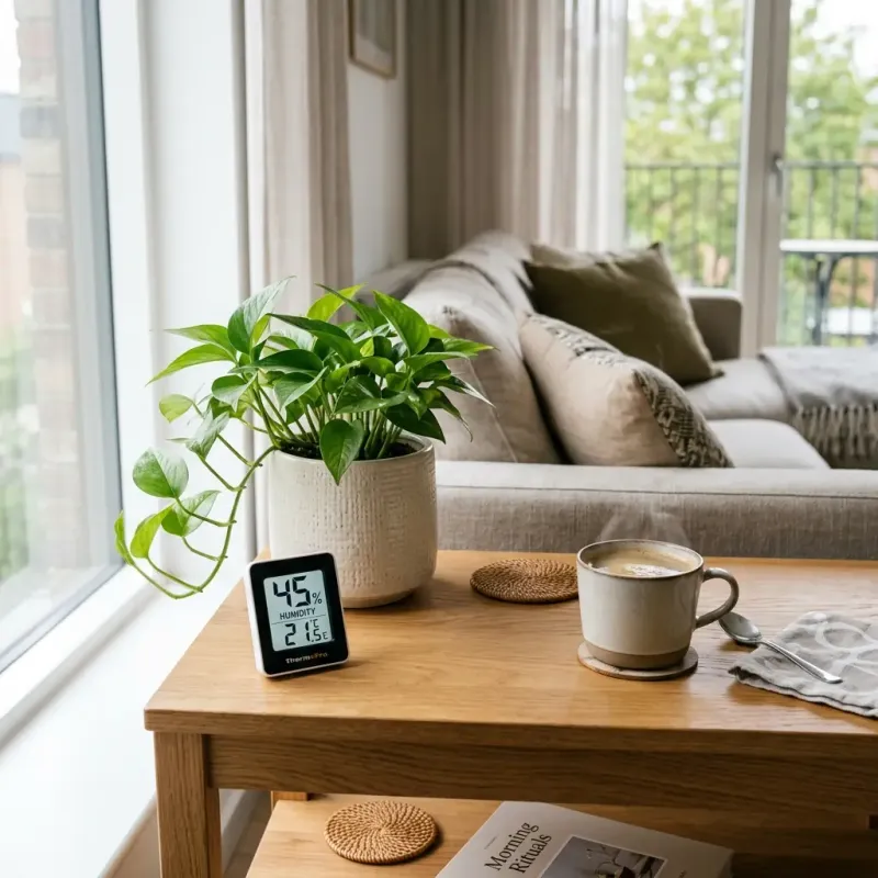 Hygrometer on a table near a bright living room window