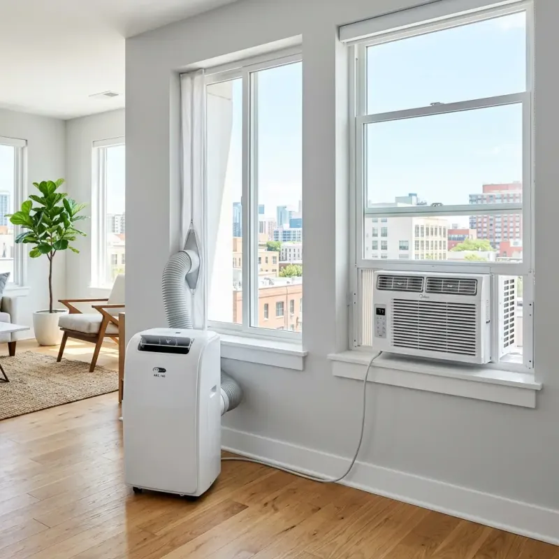Portable air conditioner beside windows in a small apartment