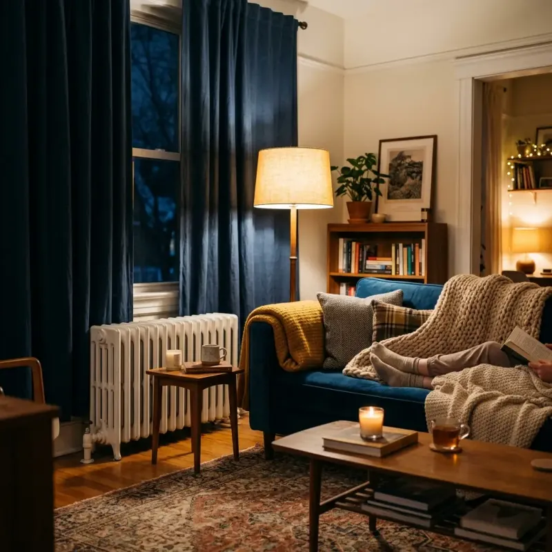 Apartment radiator and curtains used to manage winter heat