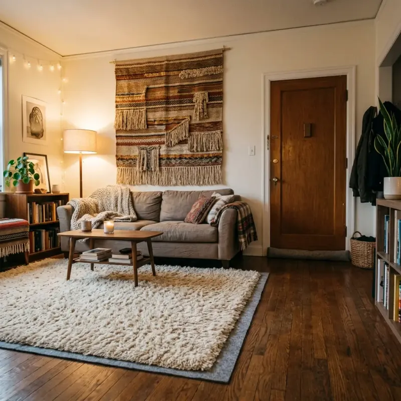Apartment living room prepared for renter-friendly insulation fixes