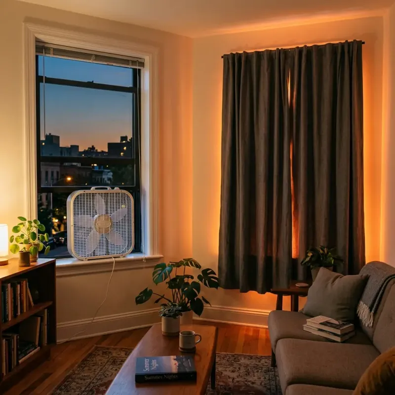 Room with curtains closed at sunset for passive cooling
