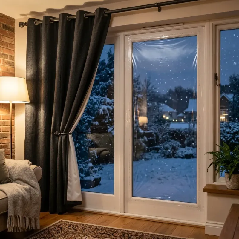 Thermal curtains beside a window at night