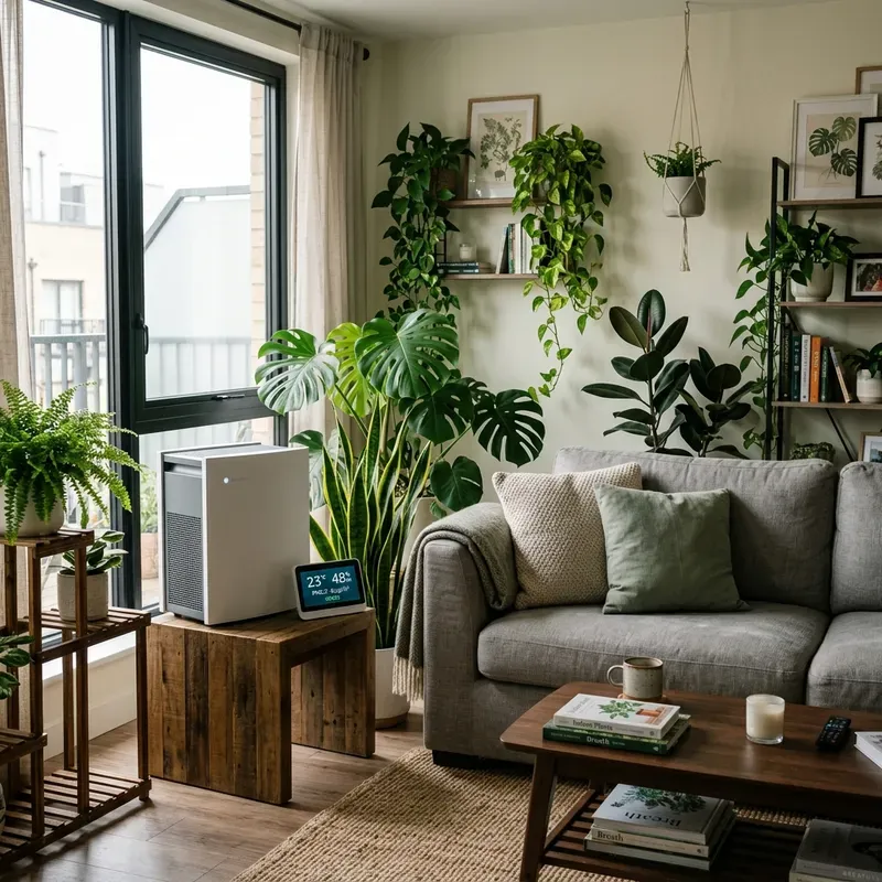 Bright apartment living room with an open window and moving curtain